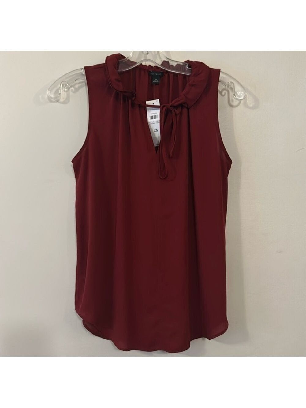 Ann Taylor Ruffle Tie Neck Flowy Sleeveless Burgundy Blouse
